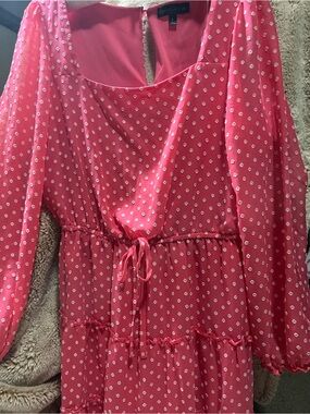 Crystal Doll Coral Pink Polka-Dot Tie-Waist Tiered Dress